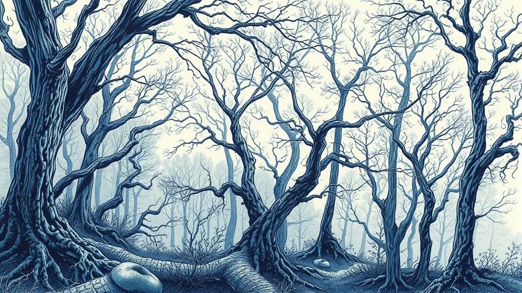 Mystical Forest in Blue Ink, Rackham Style