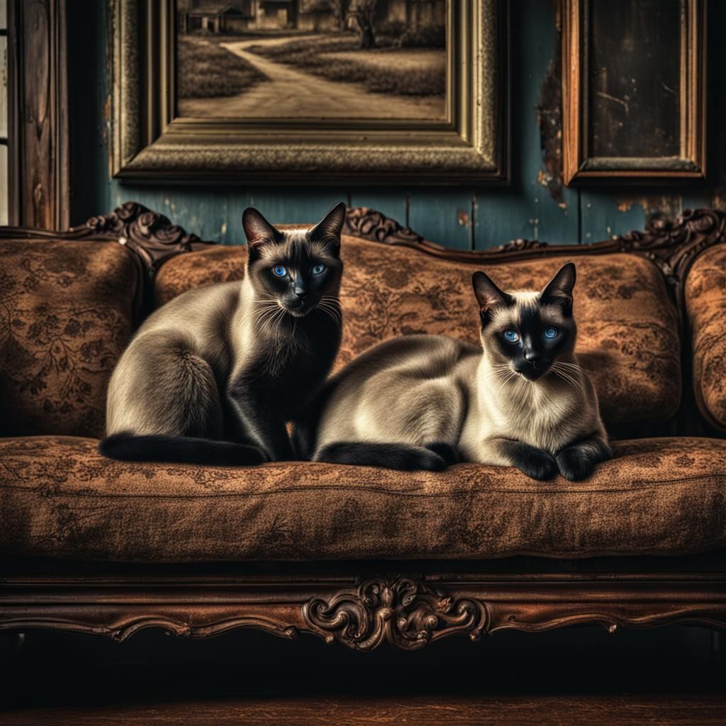 Siamese Cats Lounging on Vintage Couch: Hyperrealistic Image