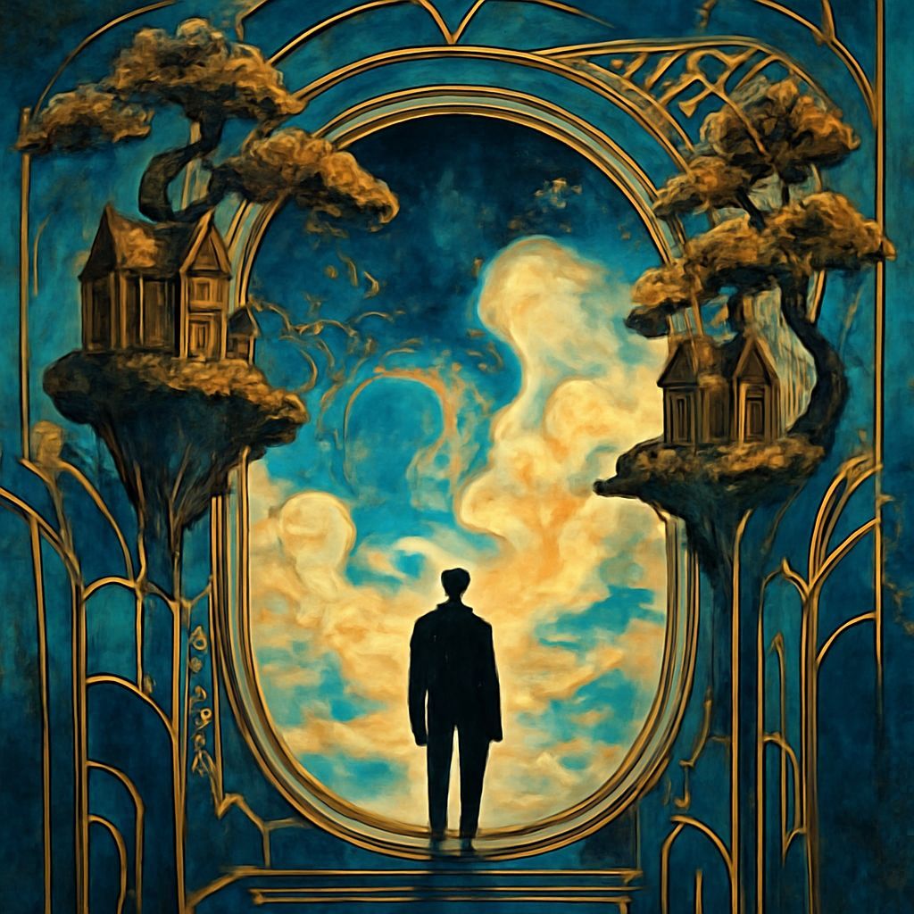 Surreal Figure Contemplates Cosmic Landscape in Escher-Inspi...