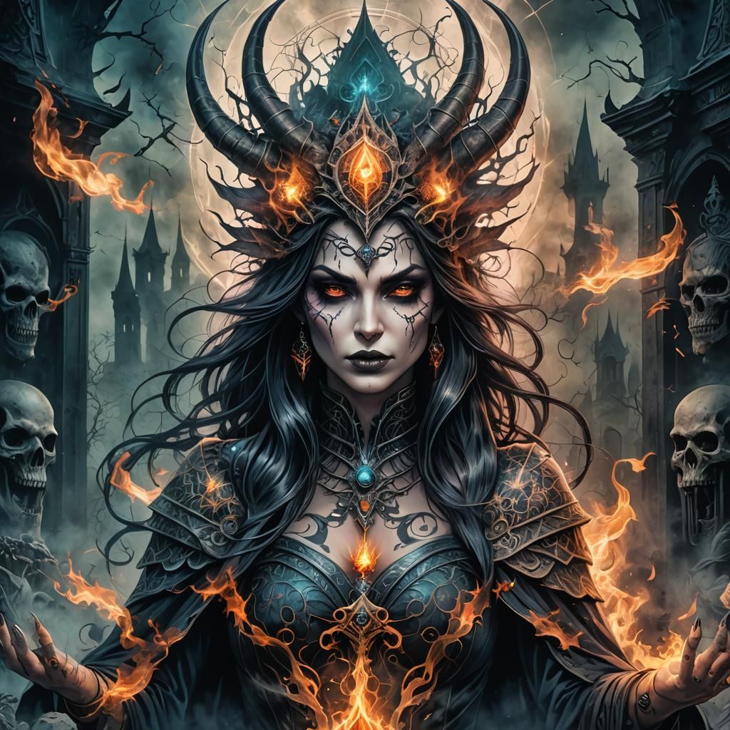 Demonic Sorceress Summons Demon in Tattoo Art Style