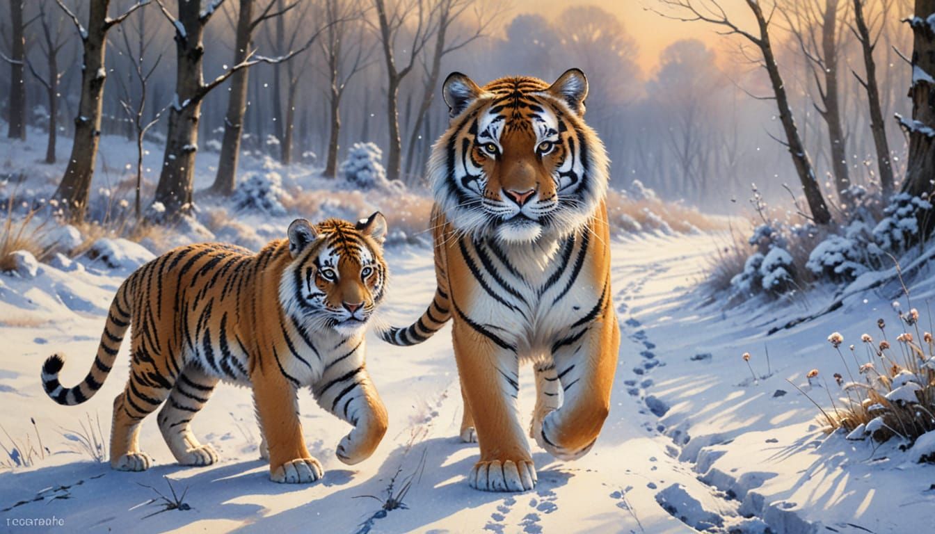 Girl and Siberian Tiger in Gentle Snowfall, Watercolor Art