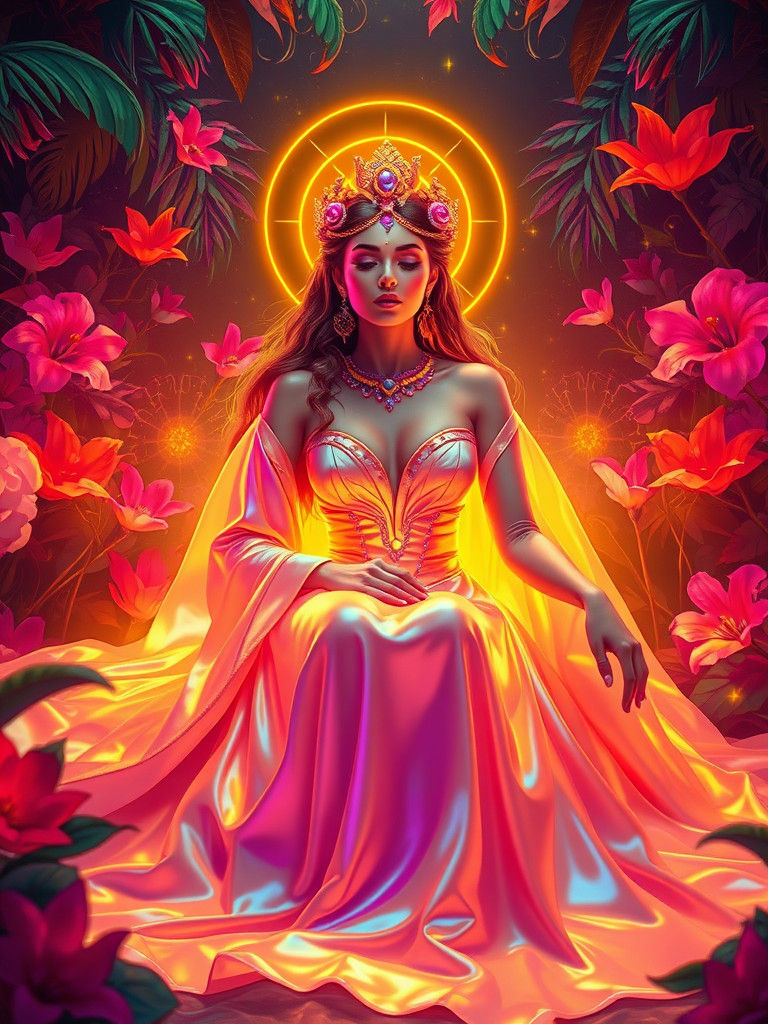 Synthwave Empress Radiating Self-Love in Neon Dreamscape