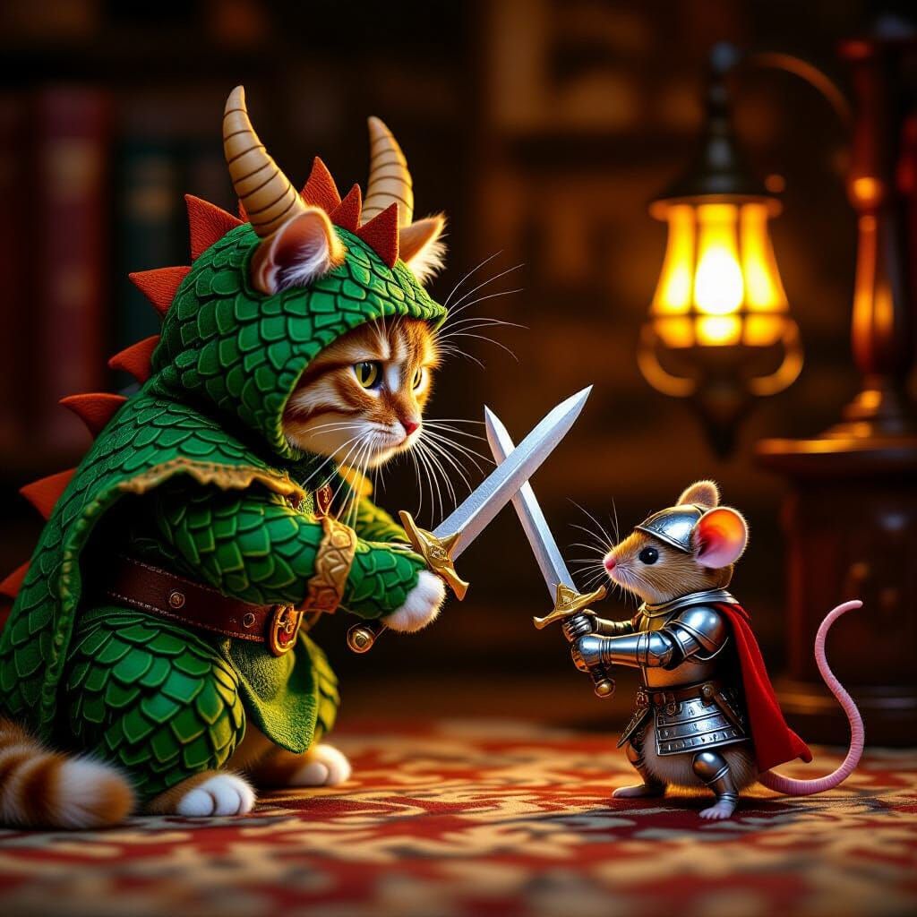 Ginger Cat Dragon Fights Mouse Knight