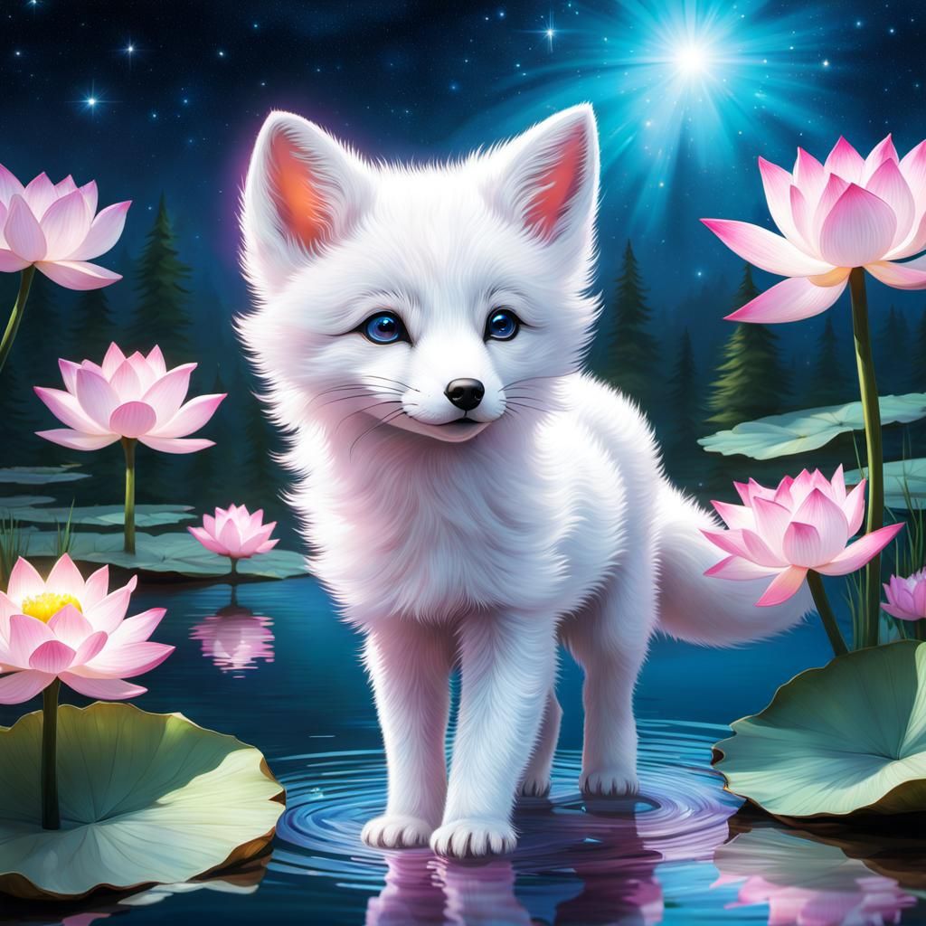 Opalescent Fox Pup in Lotus Pond
