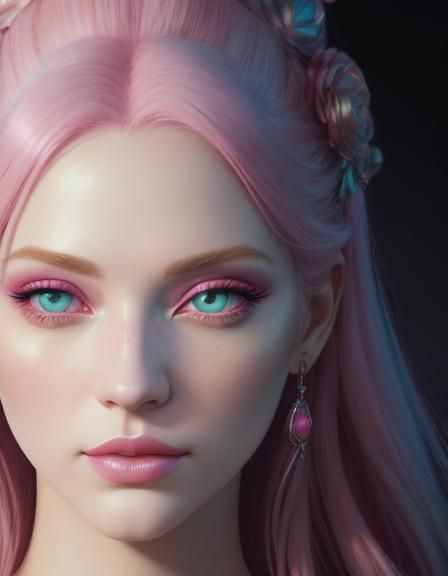 Beautiful young lady with Cotton candy pink hair and blue eyes with pink eyeshadow with pink eyeliner and pink lipstick&...