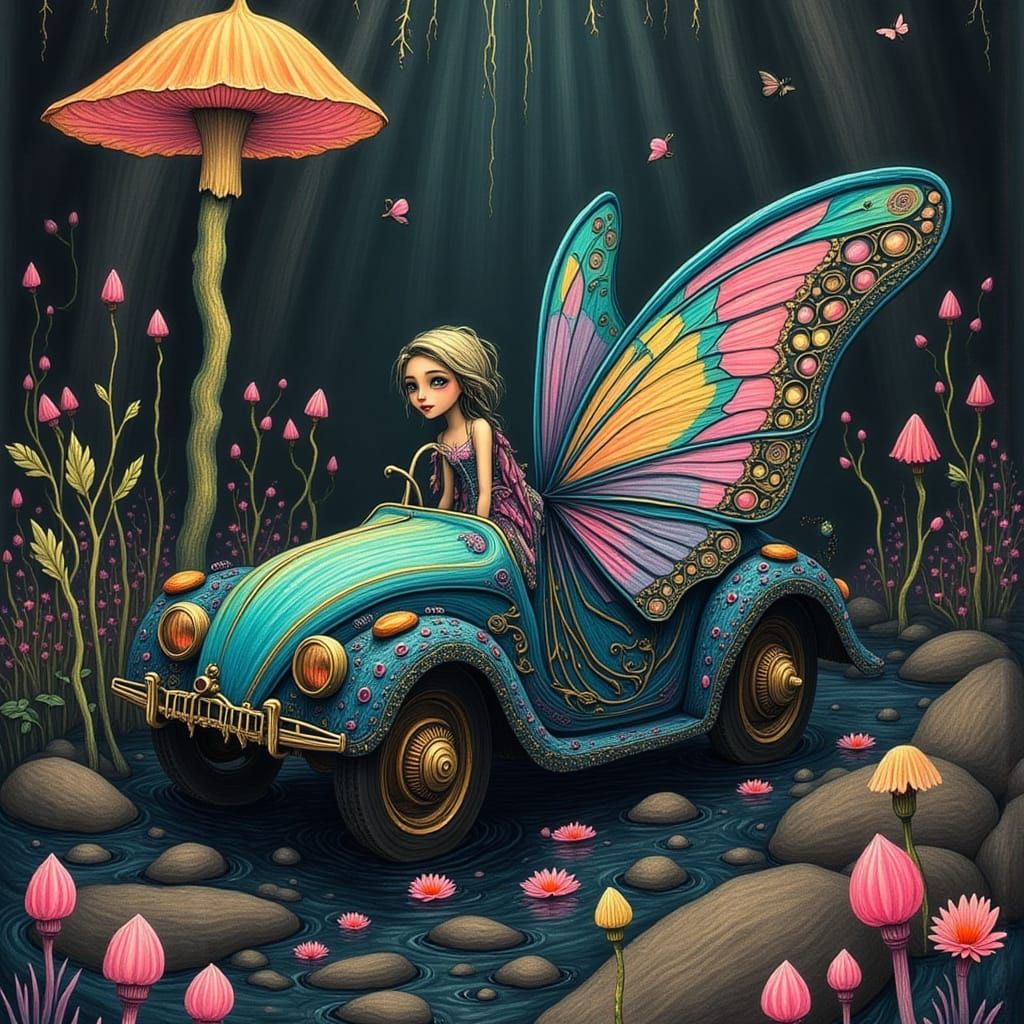 Butterfly Wing Car in Magical Glowing Mushroom Garden