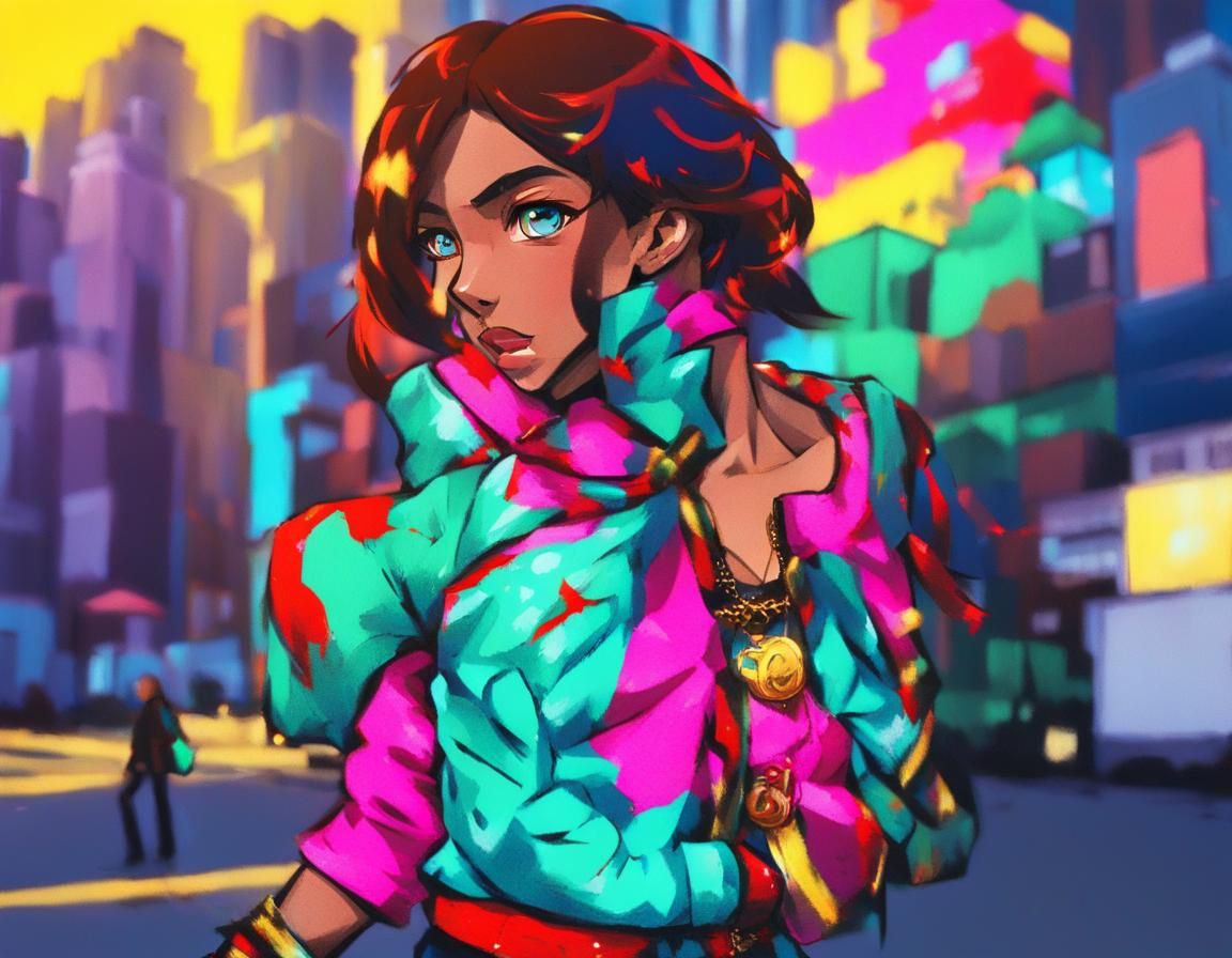 Anime-Inspired Fashion Illustration of a Young Woman in a Ch...