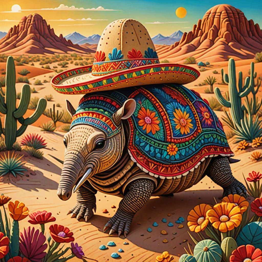 Armadillos in Sombreros: Vibrant Folk Art Desert Scene
