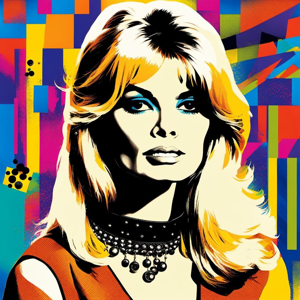 Pop art portrait of a Brigitte Bardot in the 60s. Long hair parted in the middle, eyes heavily lined with black kajal, a...