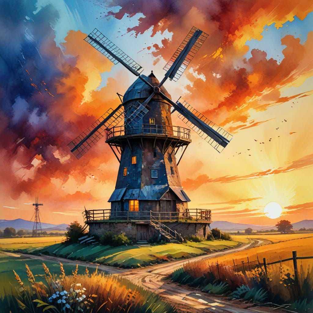 Rural Windmill at Sunrise: Neo-Impressionist Watercolor