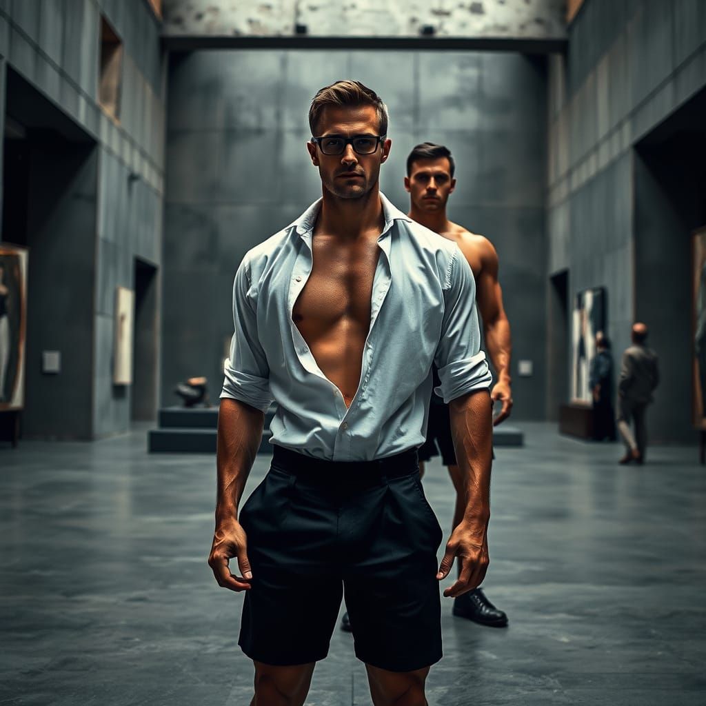 Men in Brutalist Museum: Cinematic Sensuality