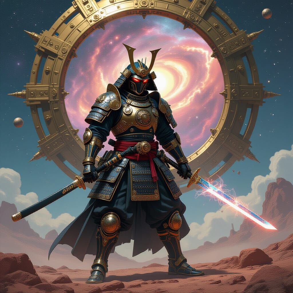 Steampunk Samurai on Nebula Planet with Cosmic Katana