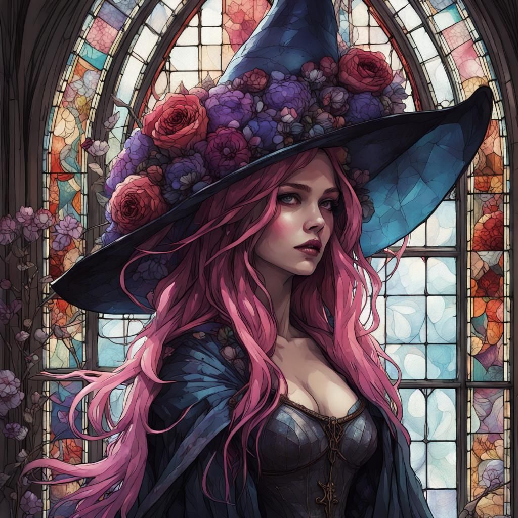 Gothic Faery Witch in Stained Glass Library