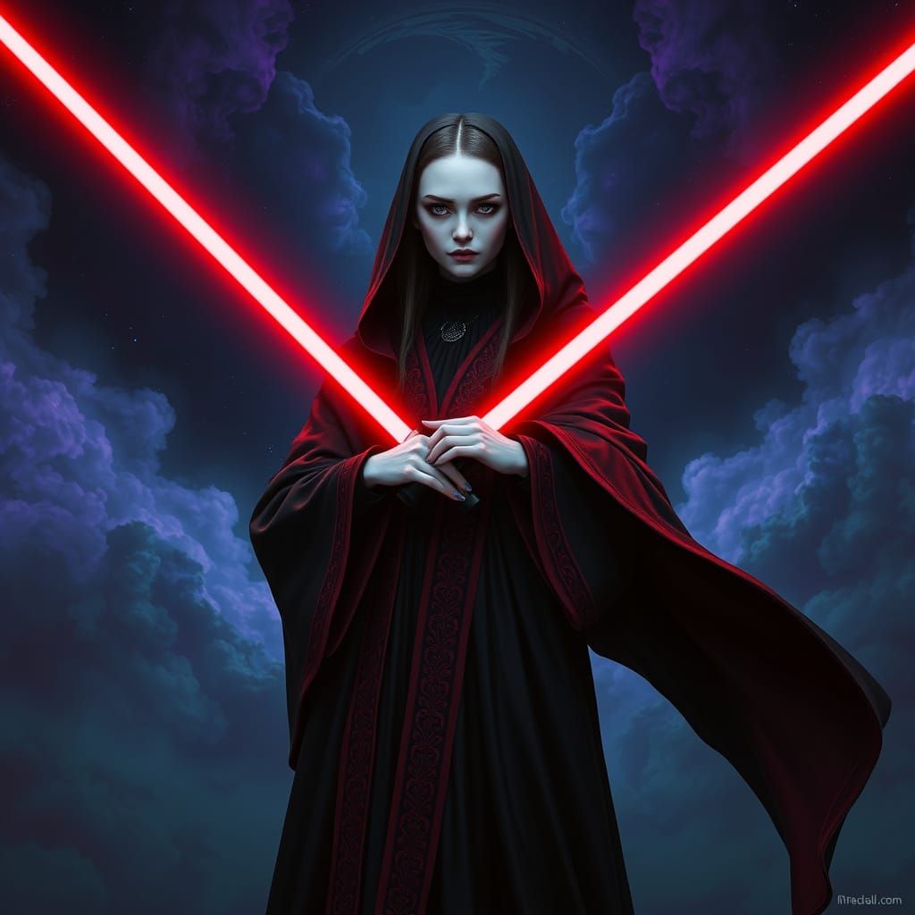 Wednesday Addams as a Dark Sith Lord in a Cosmic Galaxy