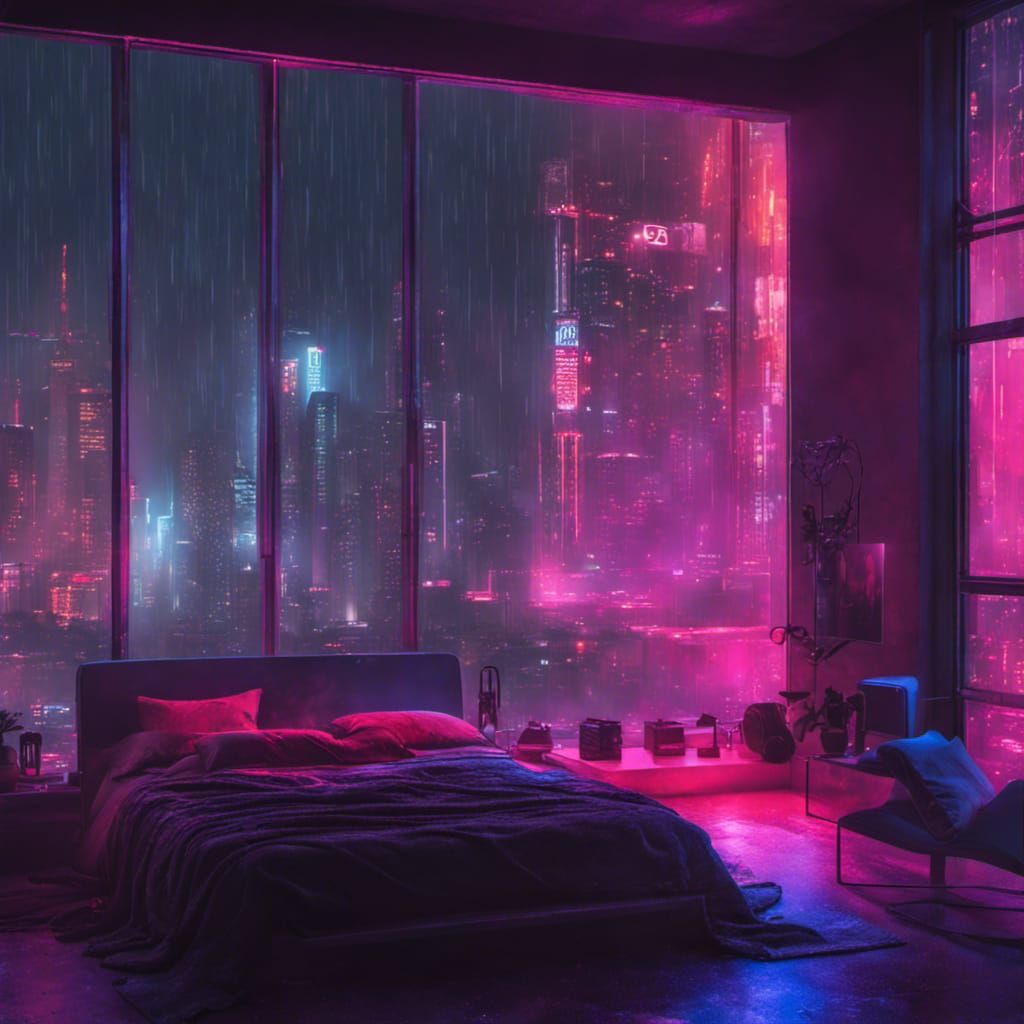 Cyberpunk Bedroom With Rainy Neon City View