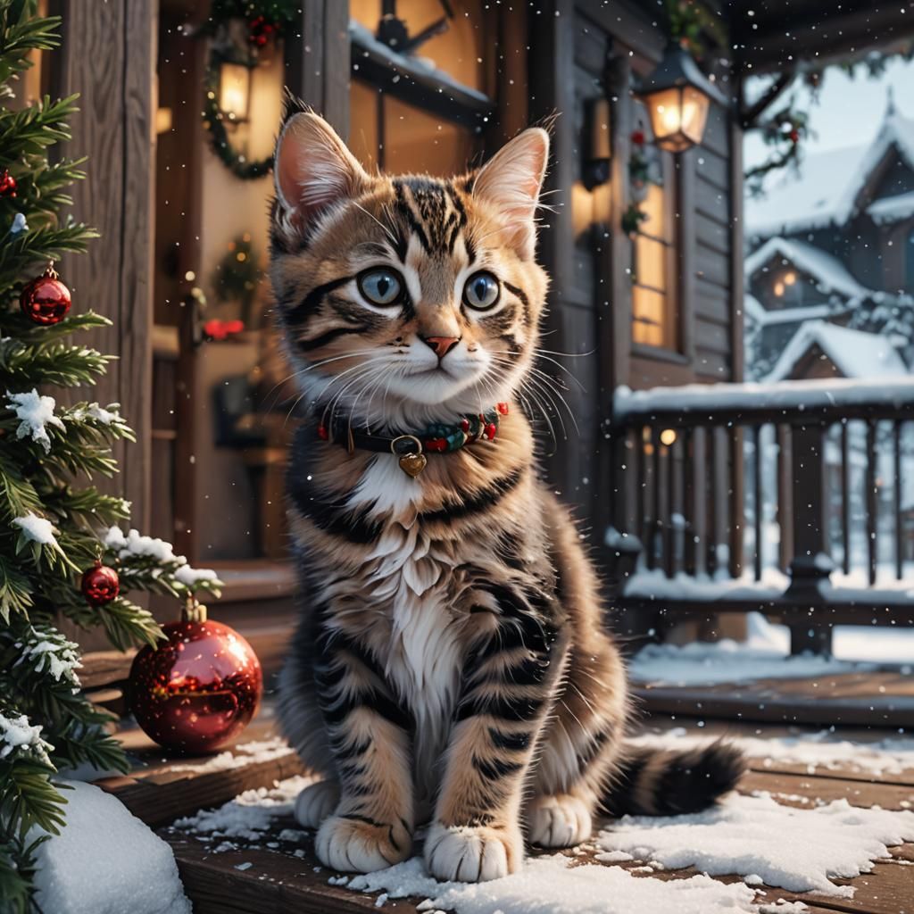 Cute Kitten on Snowy Christmas Porch