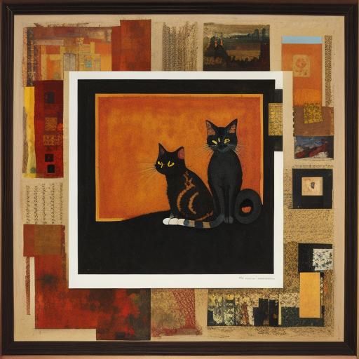 Autumnal Paper Collage of Cat and Mouse