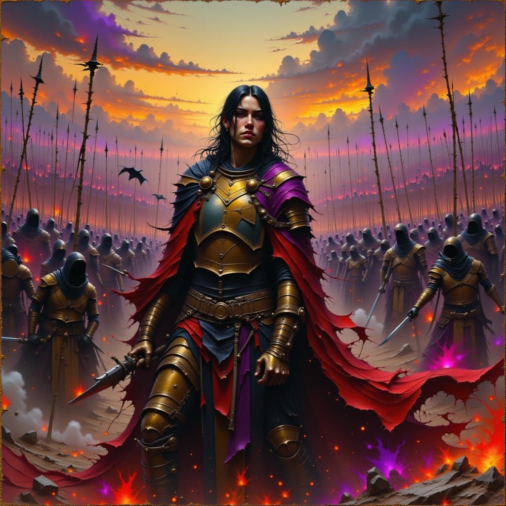 Epic Fantasy Warrior Battles Horde at Dusk