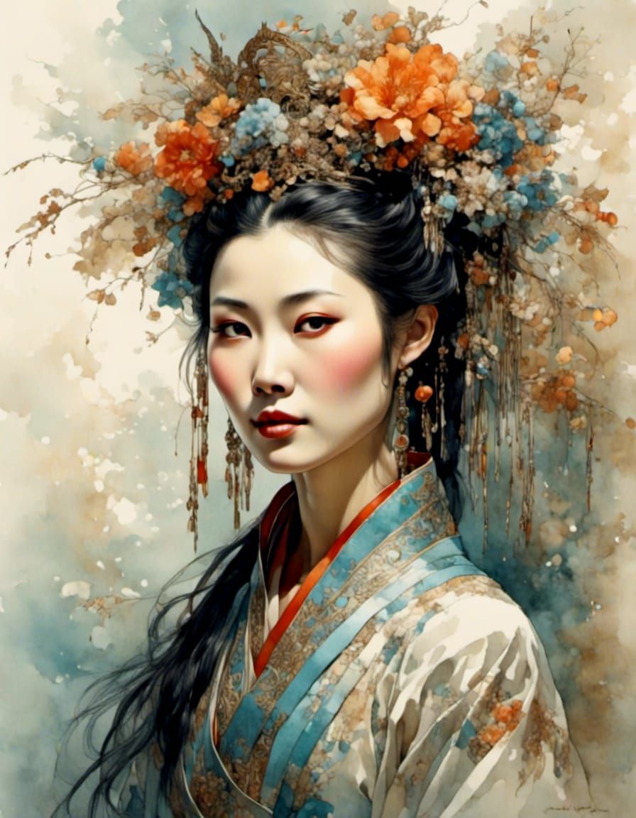 Beautiful Chinese Woman: Hyperreal Romantic Watercolor Portr...