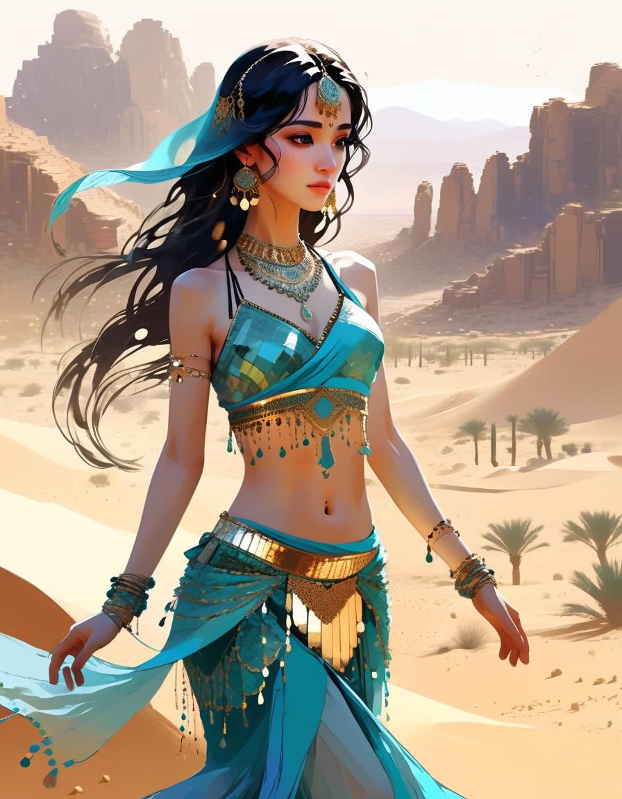 Anime Belly Dancer in Desert Landscape