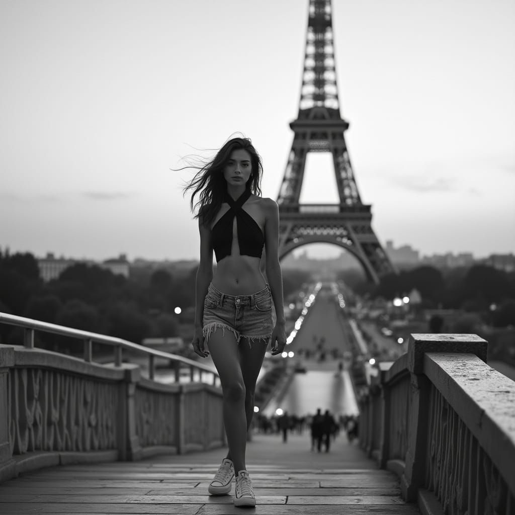 Woman Walks Before Eiffel Tower at Dusk in Black and White
