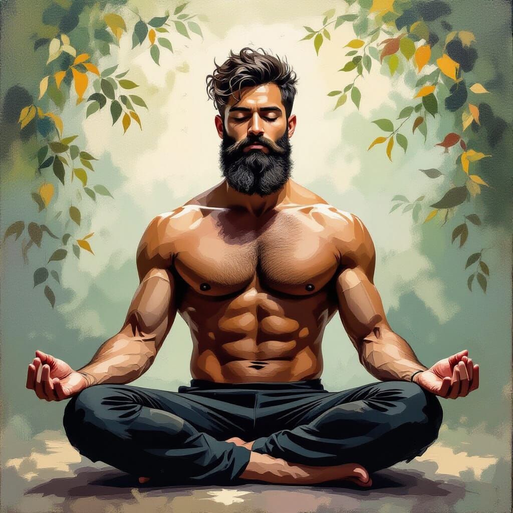Bearded Man in Peaceful Yoga Pose Oil Painting