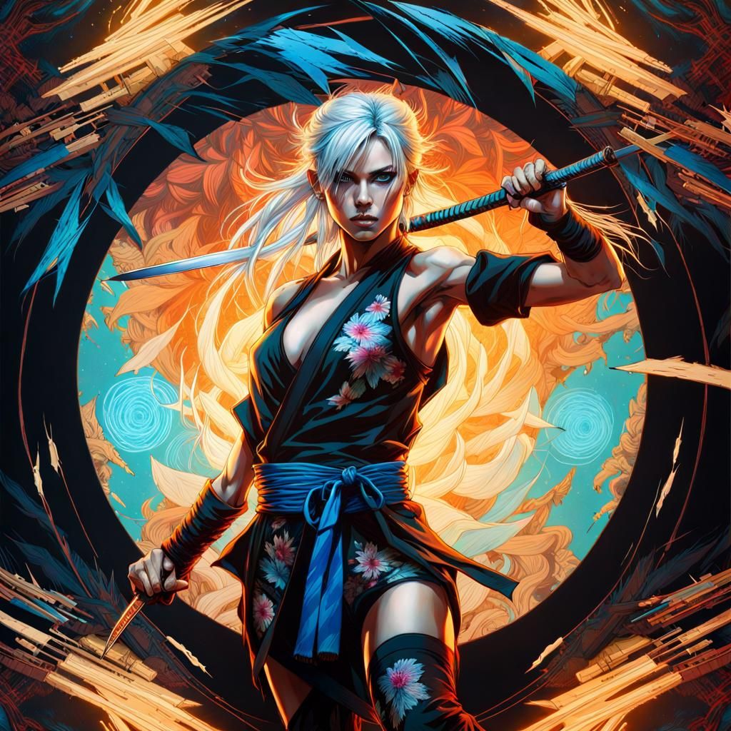 Platinum Blonde Ninja in Anime Glitchcore Style