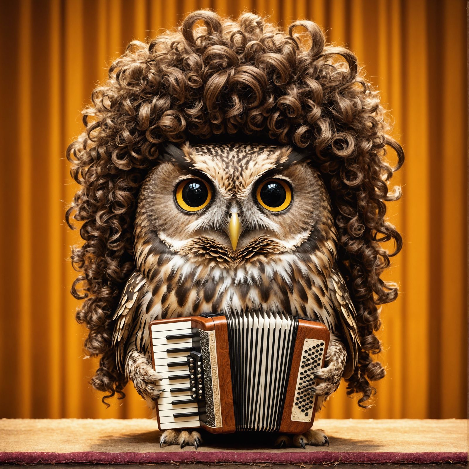 Adorable Owl Performer with Accordion on Stage