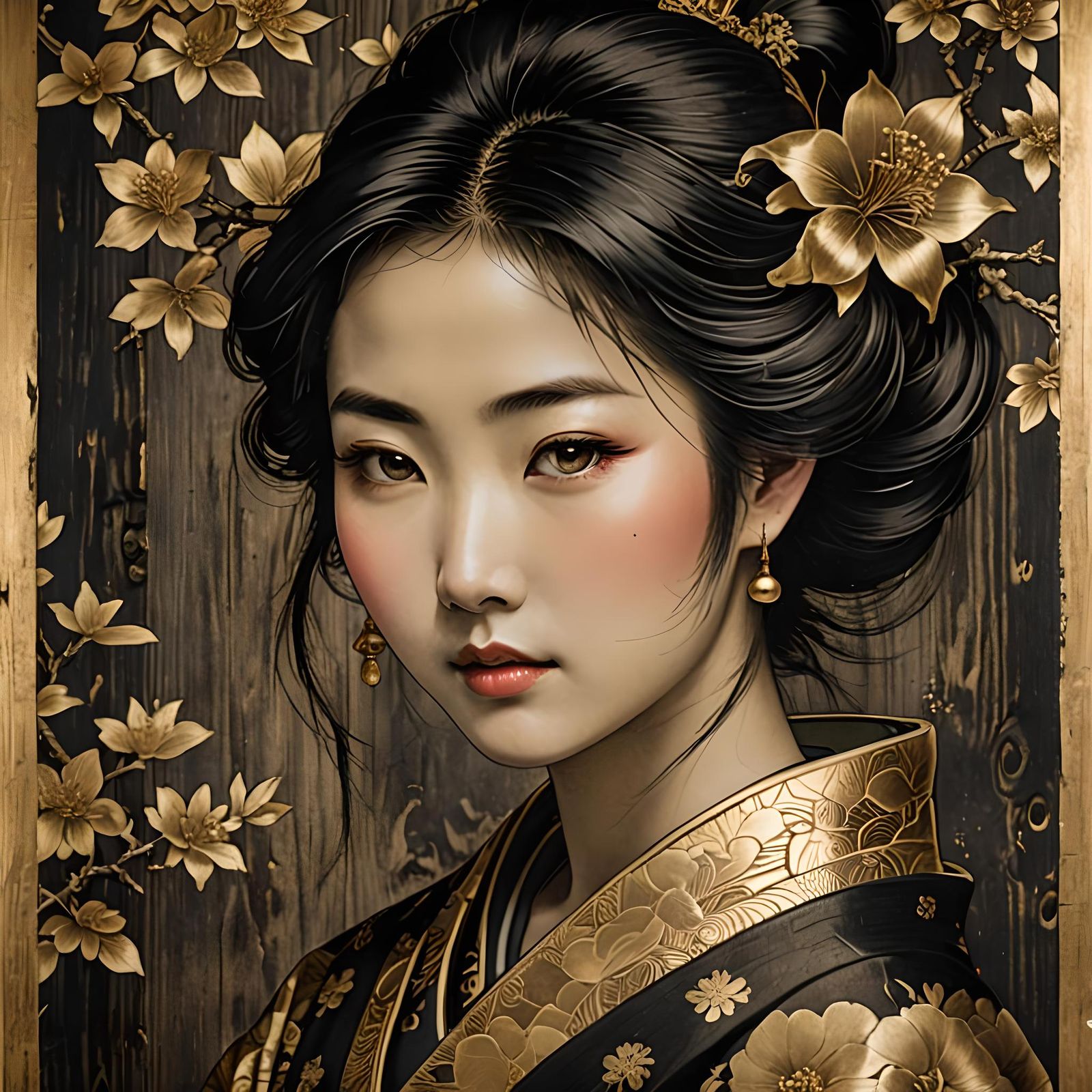 Charming Japanese Woman in Antique Gold Print
