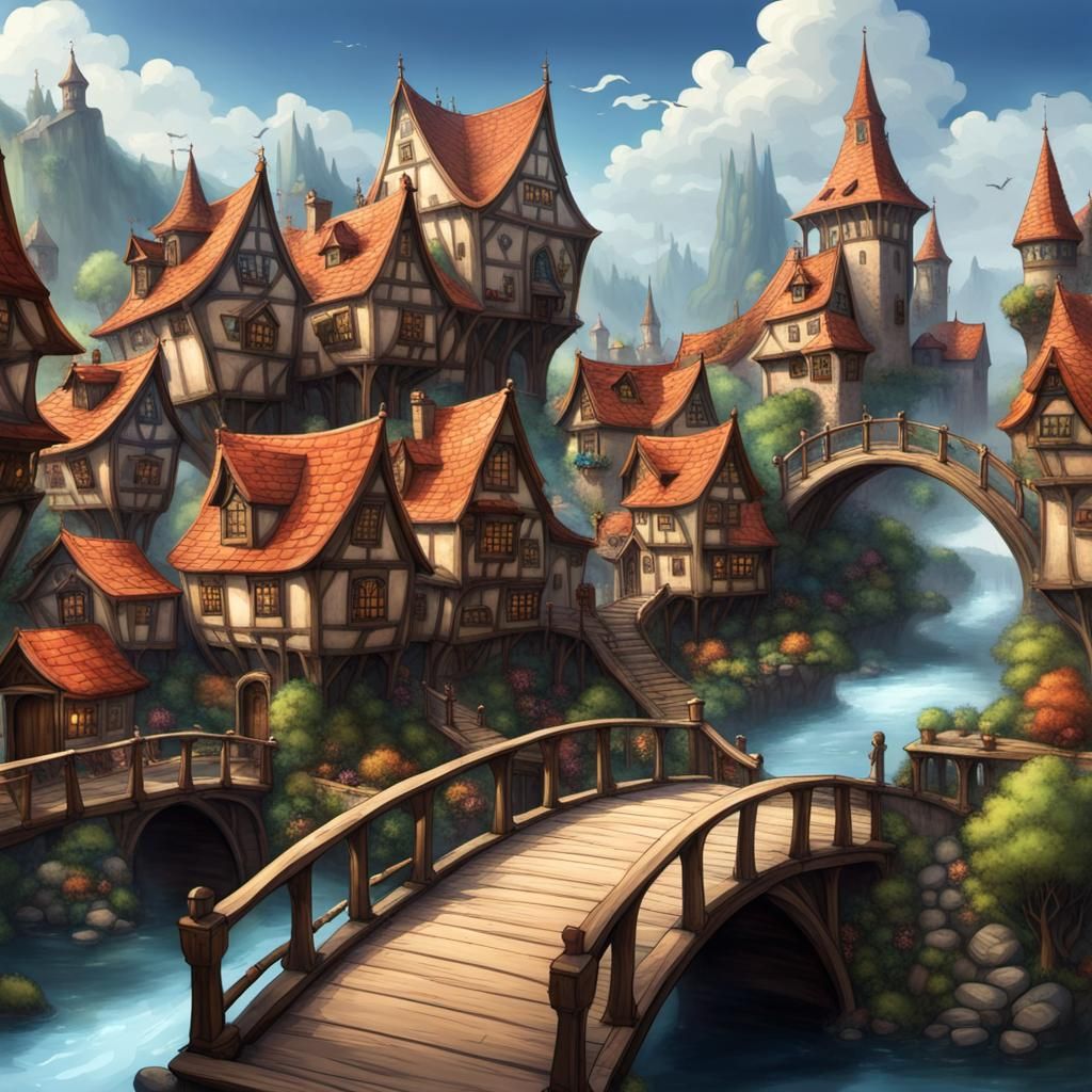 Enchanting Fantasy Town on a Bridge
