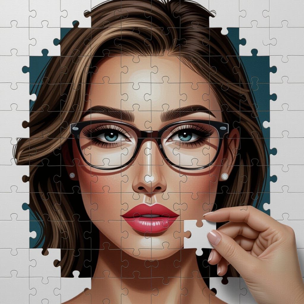 Woman's Face Assembled From Jigsaw Puzzle Pieces
