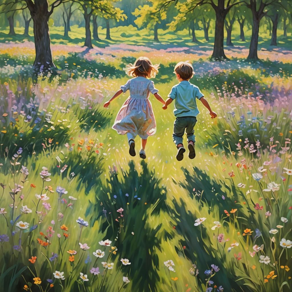 Child's Joyful Dance in Impressionistic Sunlight