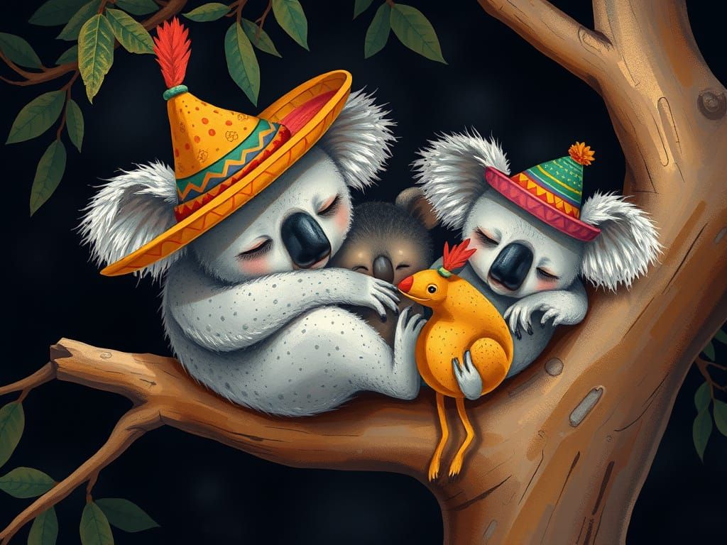 Koala Family's Siesta: Goldenpunk Sombrero Style