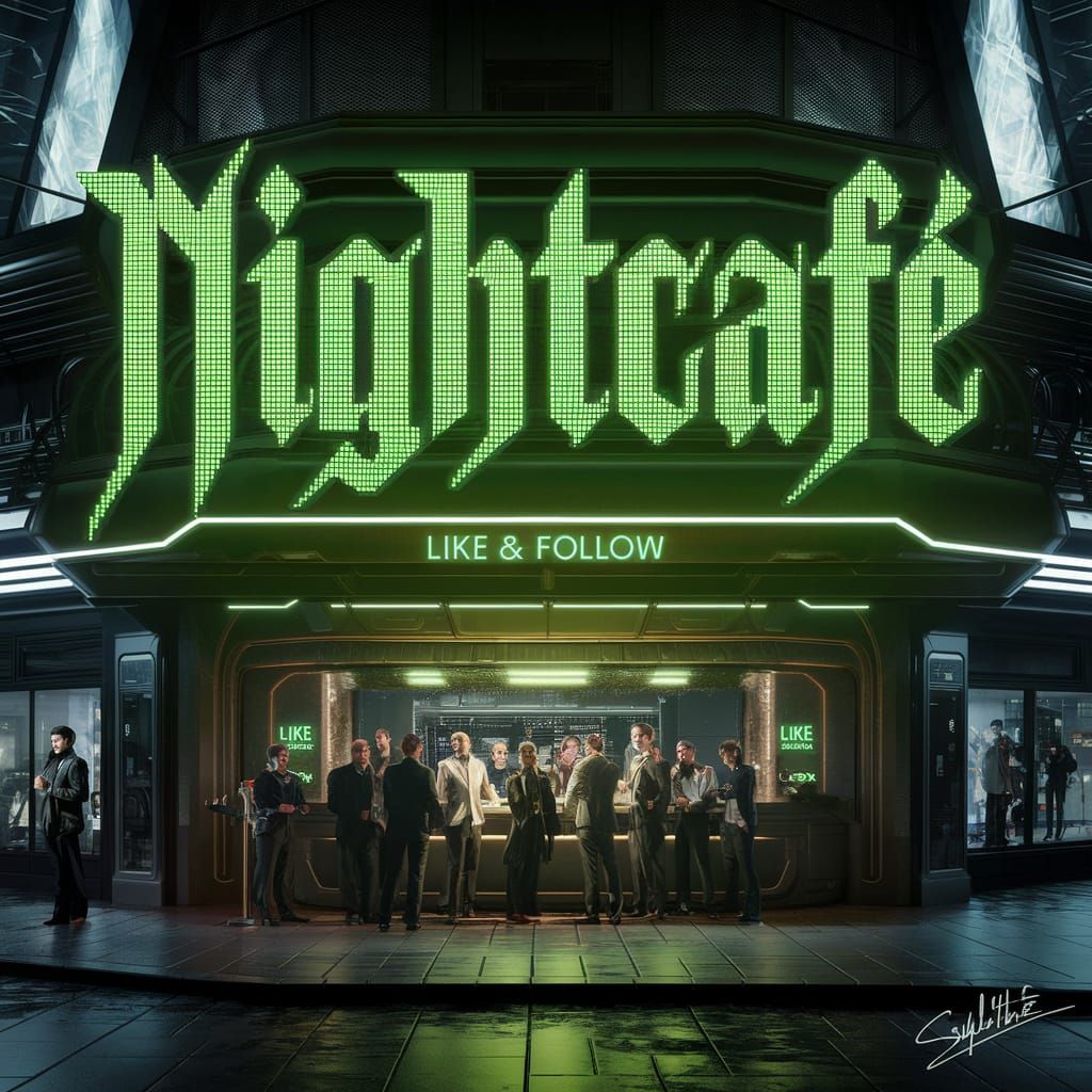 Futuristic NightCafé Scene with Neon Sign