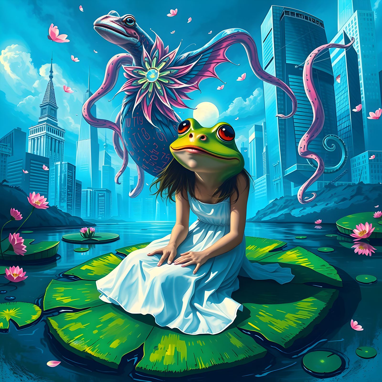 Surreal Hypnotic Transformation in a Dreamlike Cityscape