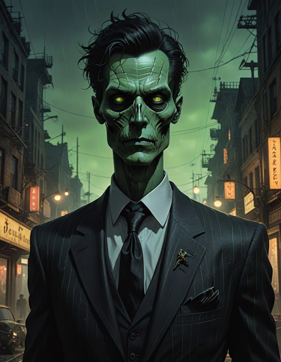 Dark, Gothic Figure with Bioluminescent Eyes in a Pin-Stripe...