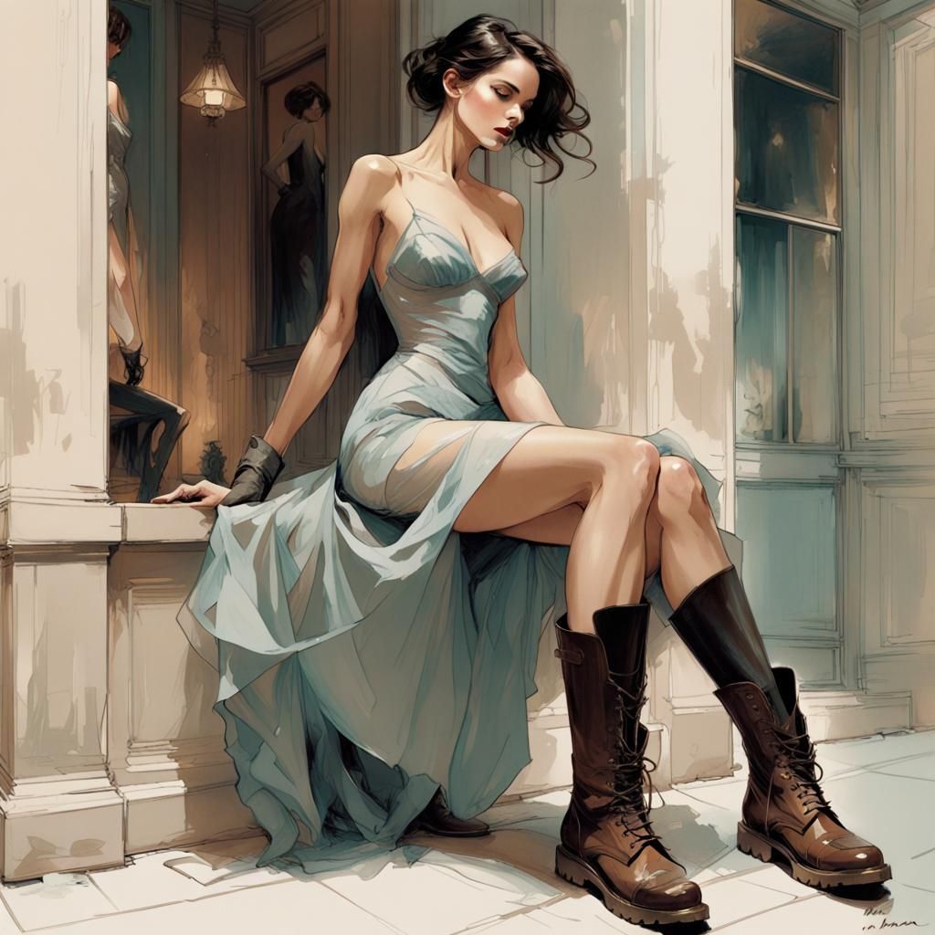 Elegant Woman in Boots: Mixed Style Illustration