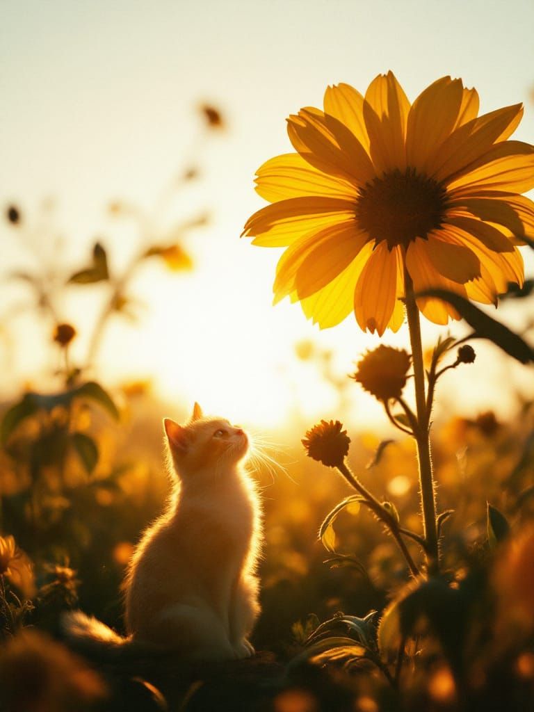 Golden Hour Horror: Cat Under Towering Flower, Gritty Style