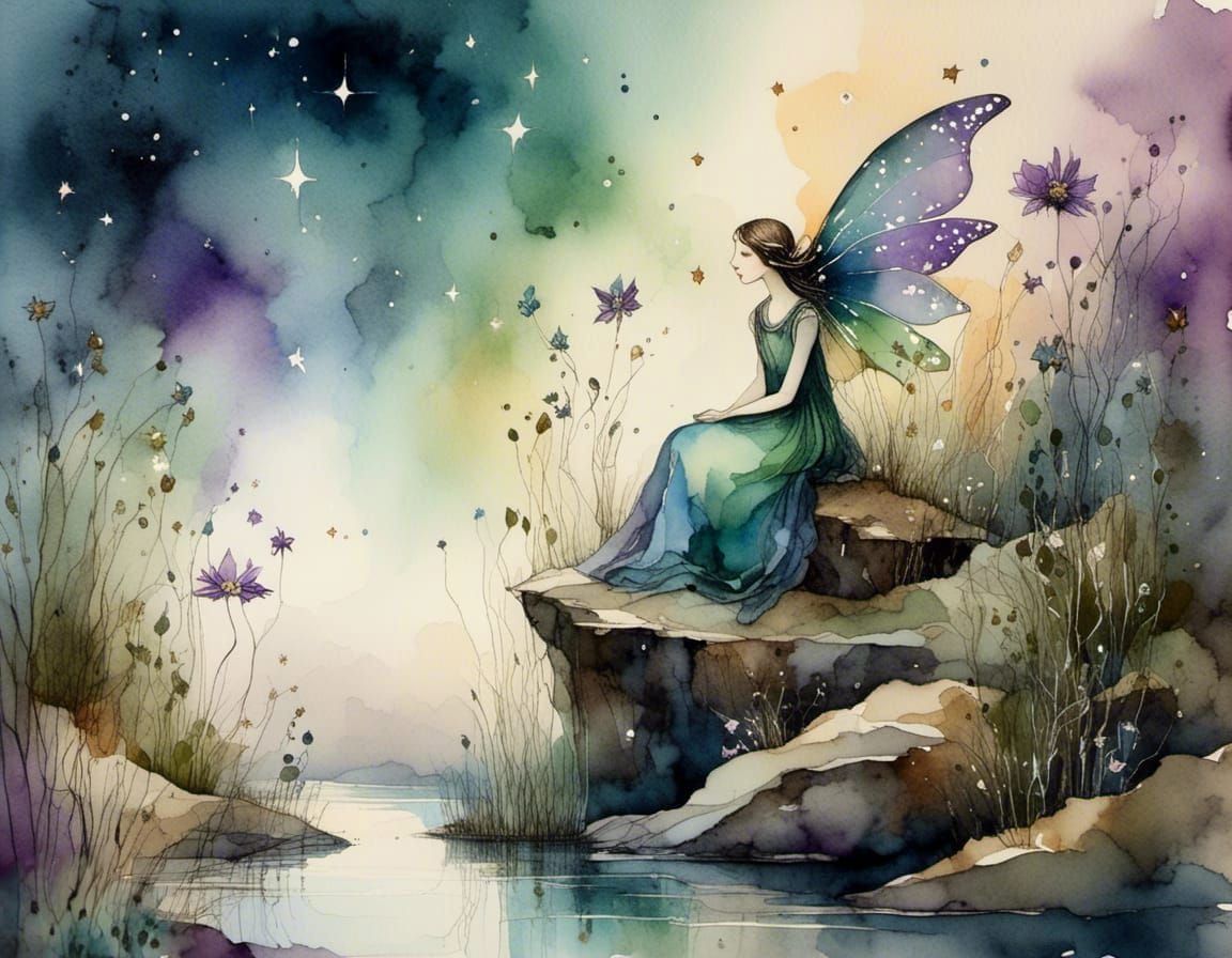 Fantasy Fairy in Magical Land, Watercolor Art