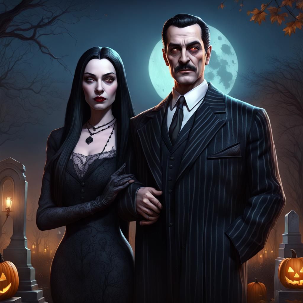 Addams Family Portrait in Cemetery, Hyperdetailed Art