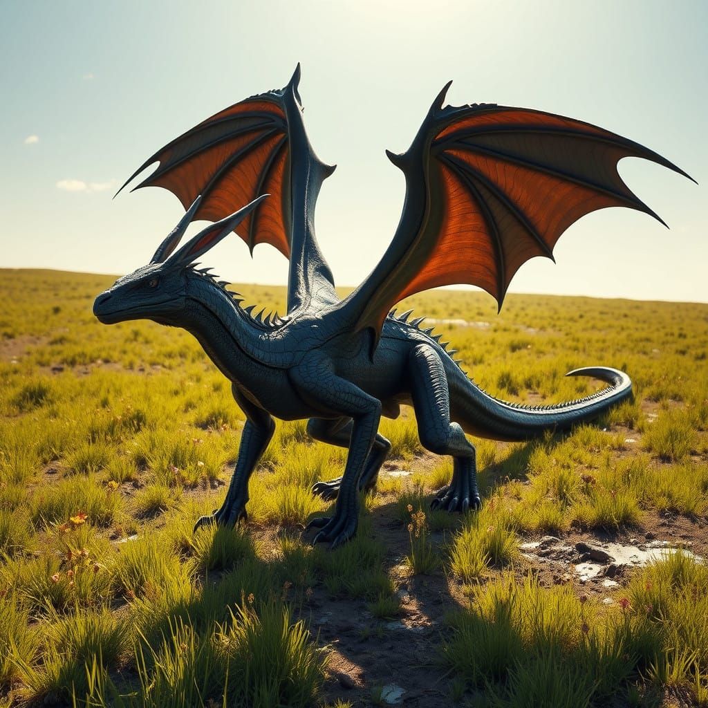 Dragon-Lizard Hybrid Roams a Sun-Drenched Fantasy Landscape