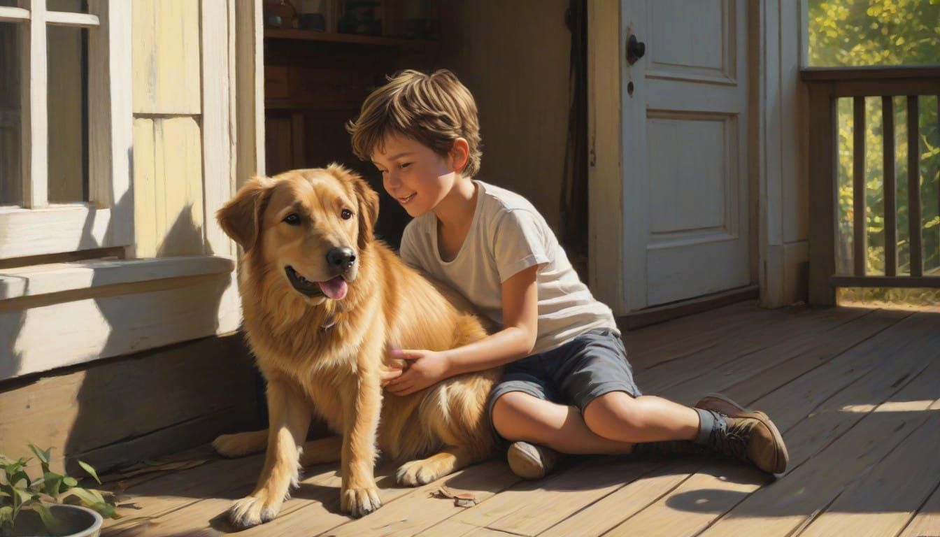 A Young Boy's Joyful Moment with his Loyal Dog in a Sunlit S...