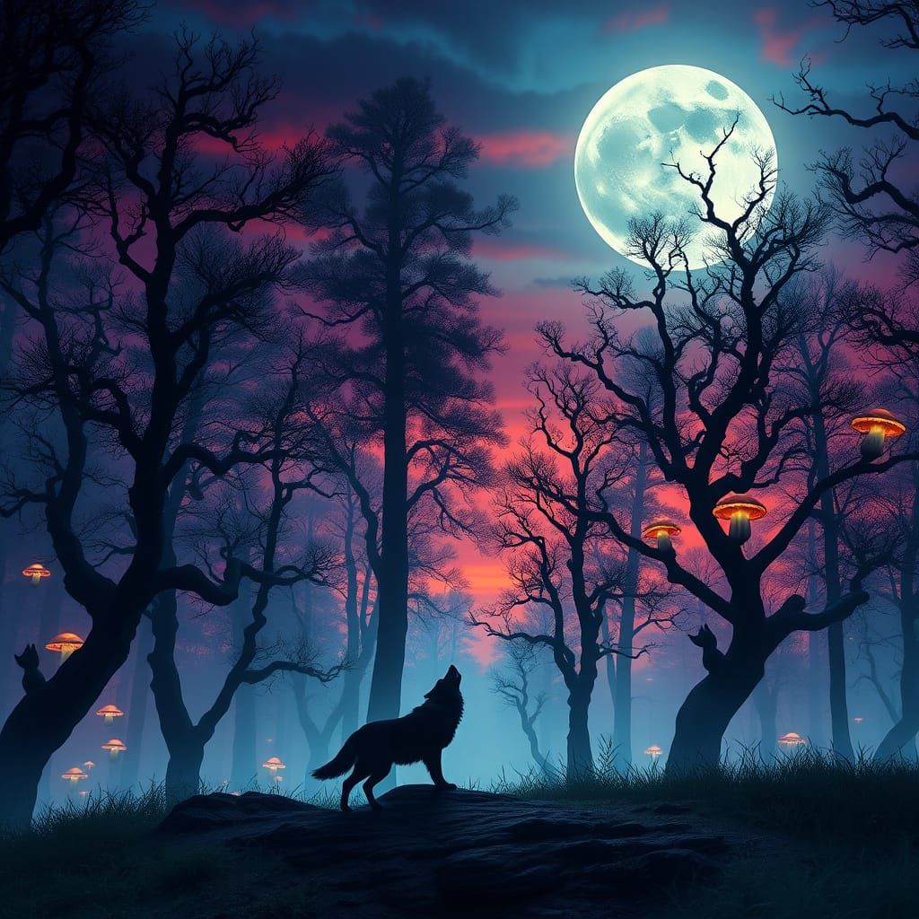 Lone Wolf Silhouetted Against Vibrant, Gradient Sky