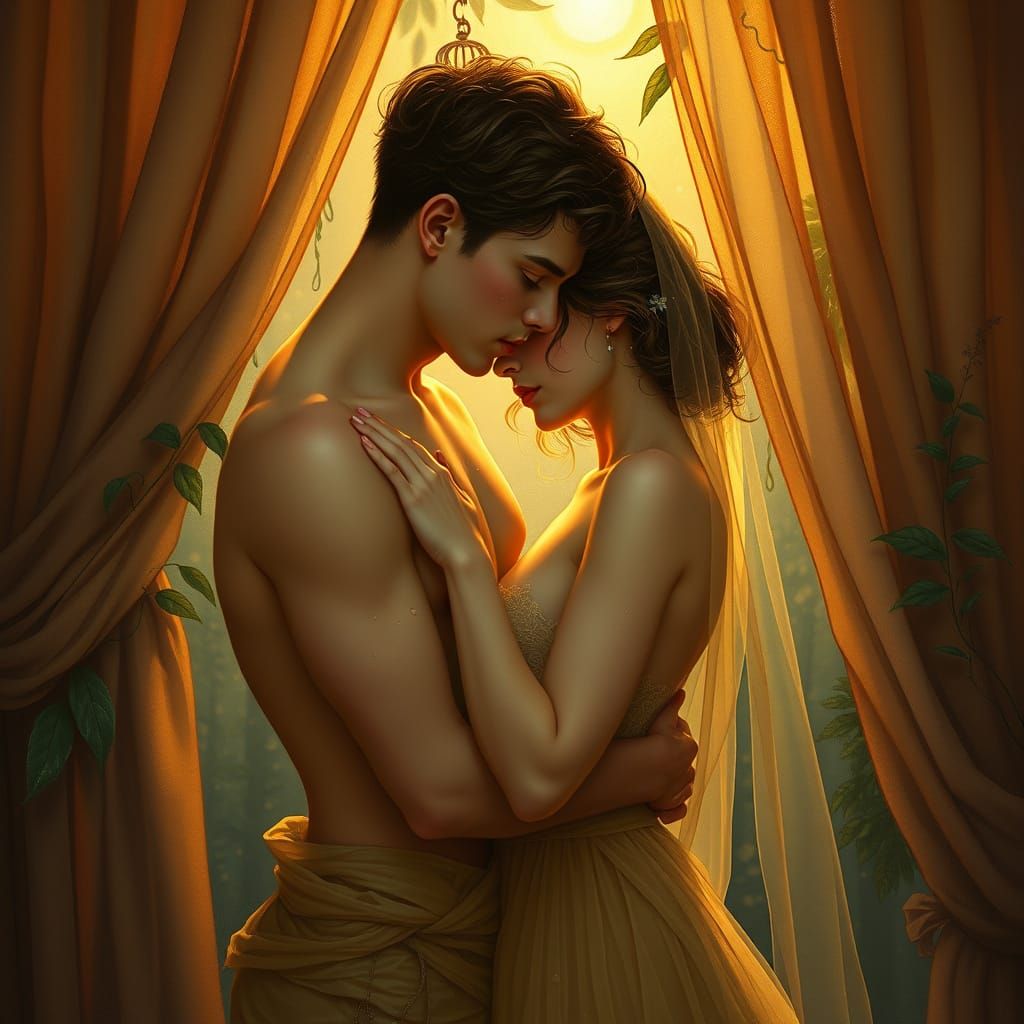 Sensual Art Nouveau Couple Embracing in Warm Golden Light