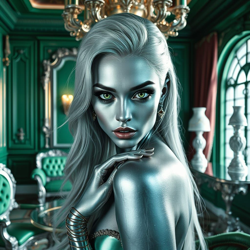 Ethereal Silver Goddess in Jade Luxury