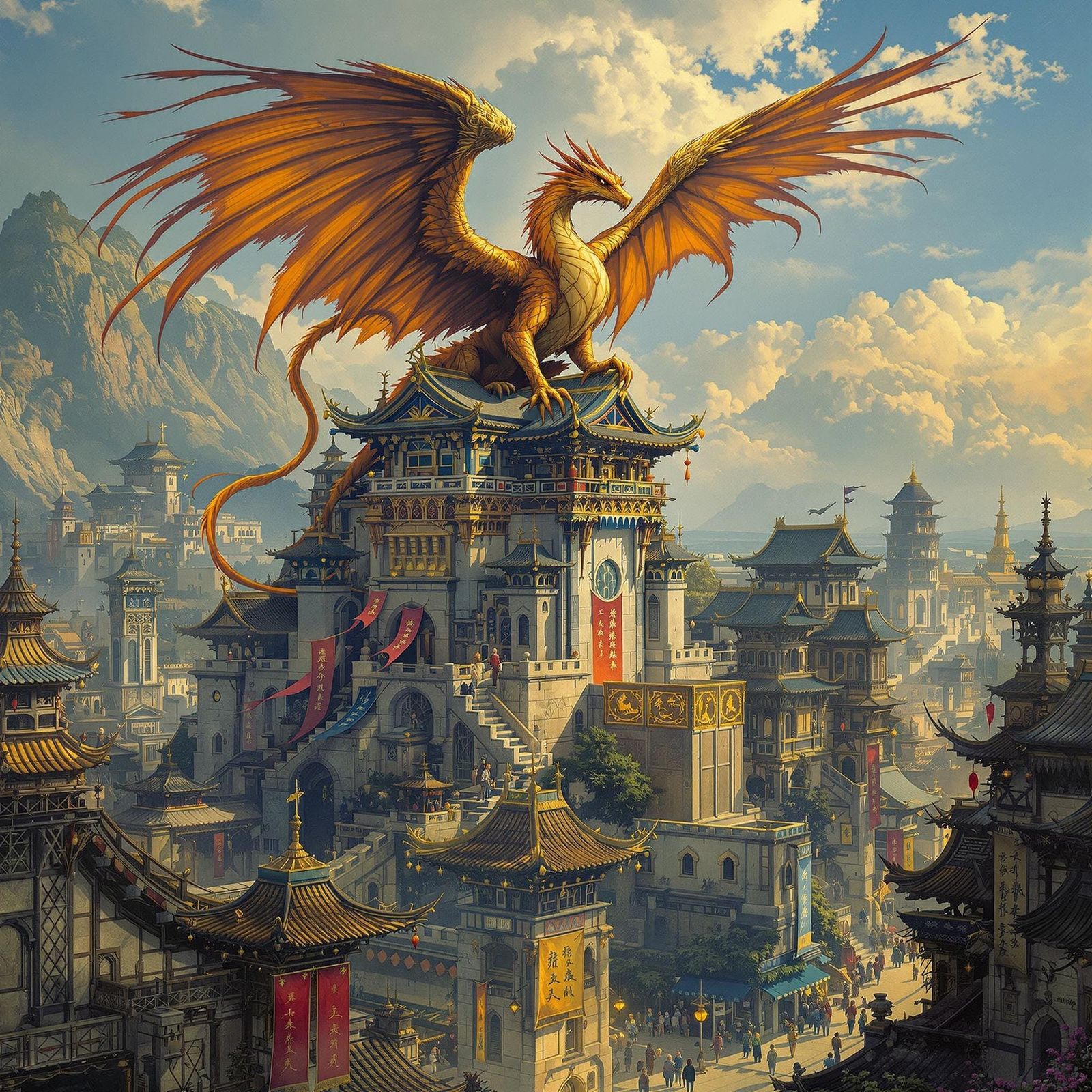 Griffin Overlooks City in Mystical Realism Style