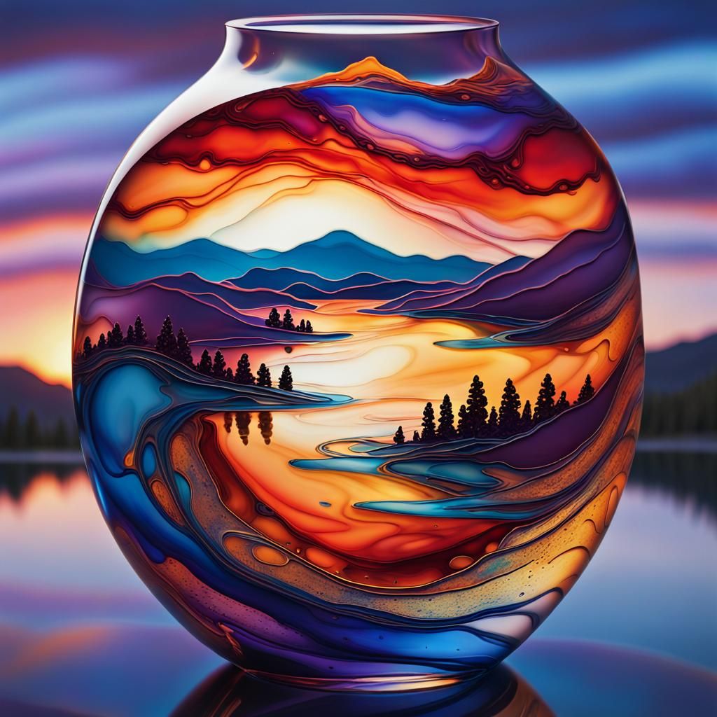 Vibrant Sunset Landscape with 3D Alcohol Ink Art