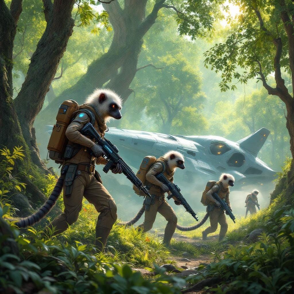 Alien Forest Scene with Humanoids and Crashed Spaceship