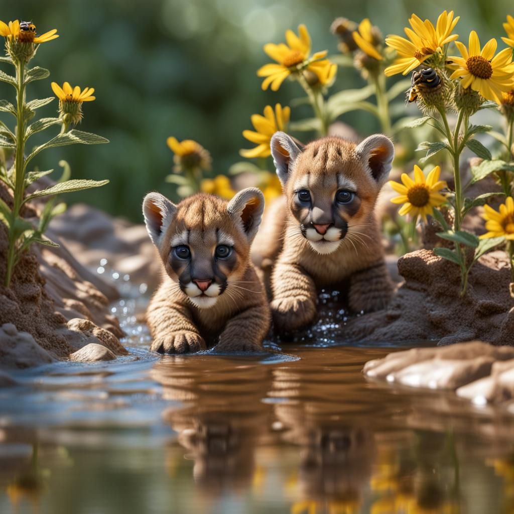 Cougar Cubs Playing Among Wild Sunflowers