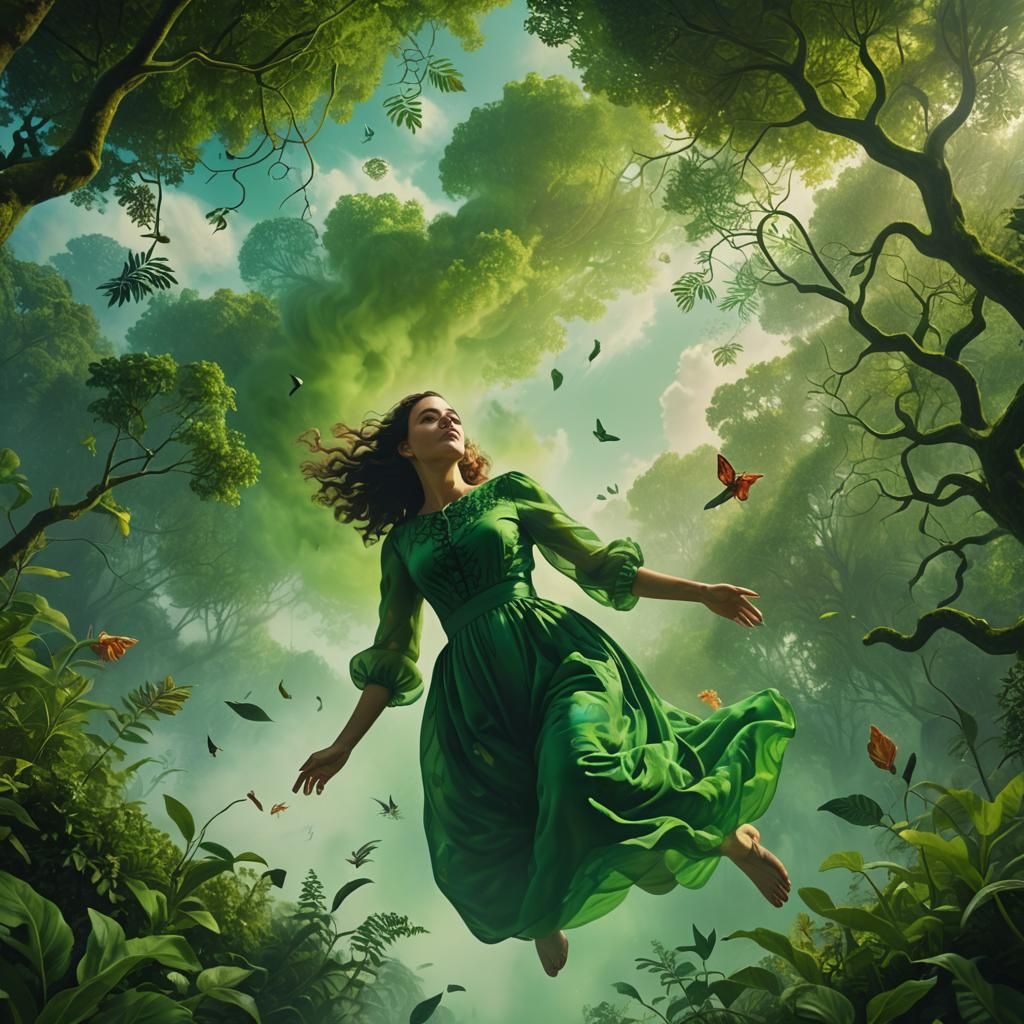 Ethereal Woman in Green, Surrealist Mid-Air Scene